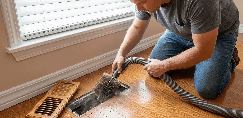 Air duct cleaning technician vacuuming a floor vent and duct opening in Lincoln, NE