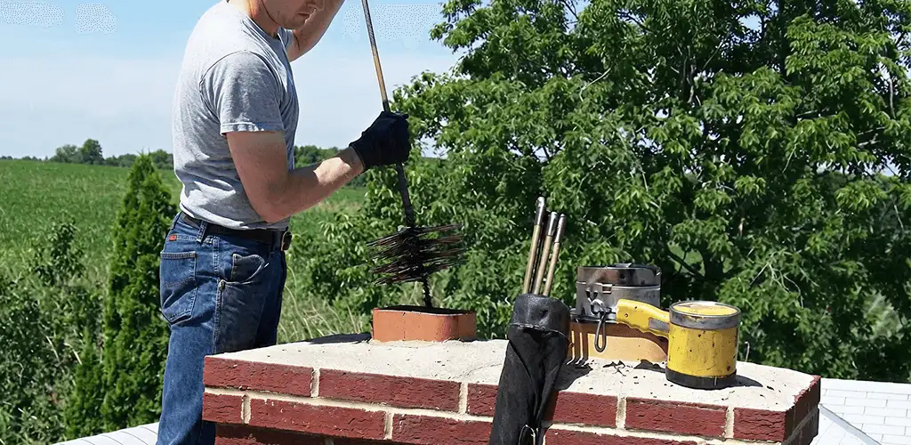 Chimney cleaning technician working on a rooftop chimney with professional tools in Lincoln, NE