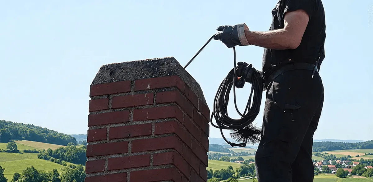 Chimney sweep inspecting and cleaning a rooftop chimney in Lincoln, NE