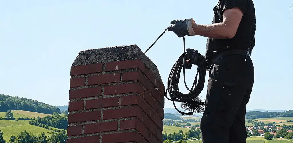 Chimney sweep inspecting and cleaning a rooftop chimney in Lincoln, NE