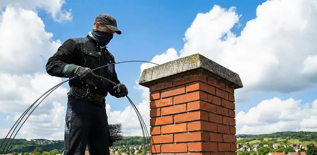Chimney sweep cleaning a brick chimney with professional tools in Lincoln, NE