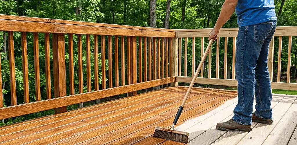 Deck staining and sealing application on a wood deck in Lincoln, NE