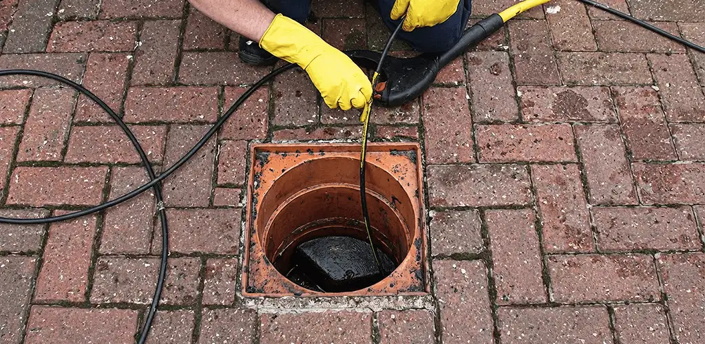 Drain cleaning technician using a drain snake to clear a clogged drain in Lincoln, NE