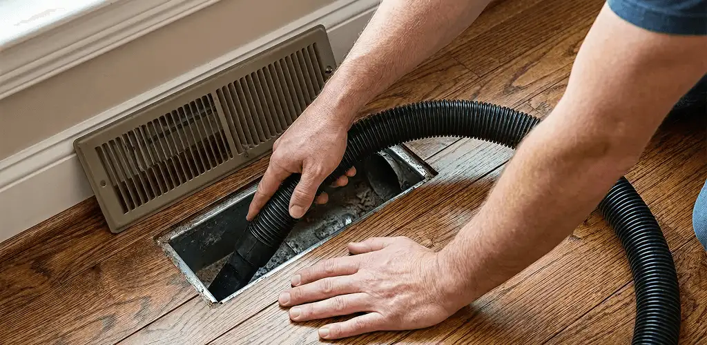 Air duct cleaning technician vacuuming a floor register and duct opening in Lincoln, NE