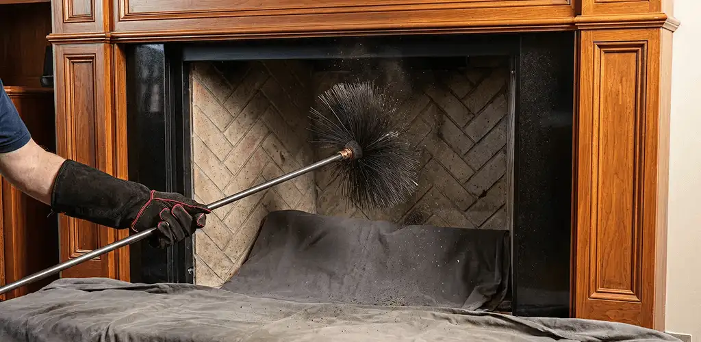 Chimney cleaning service brushing soot from a fireplace and flue in Lincoln, NE