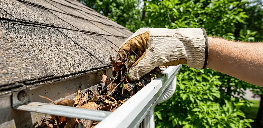 Gutter cleaning removing leaves and debris from roof gutters in Lincoln, NE
