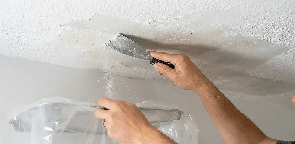 Popcorn ceiling removal technician scraping texture from a ceiling in Lincoln, NE