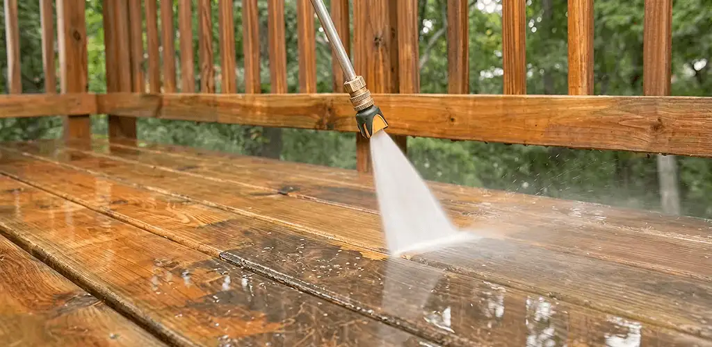 Pressure washing a wood deck to remove dirt and buildup in Lincoln, NE