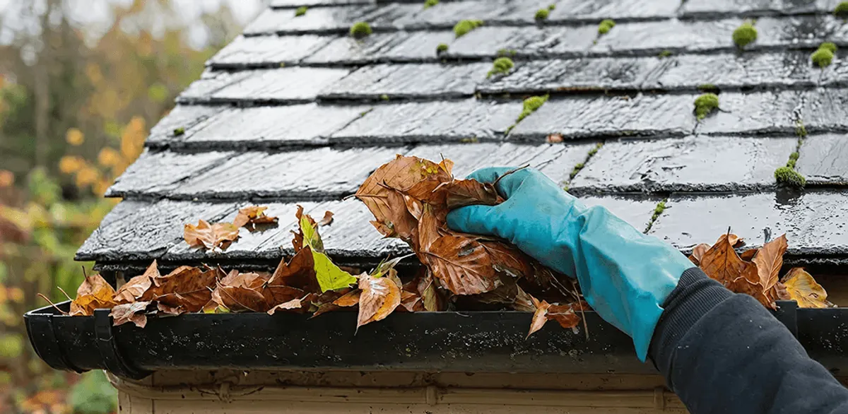 Gutter cleaning technician clearing wet leaves from roof gutters in Lincoln, NE