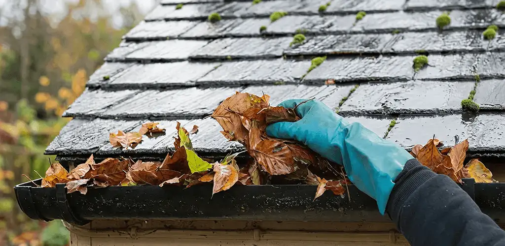Gutter cleaning technician clearing wet leaves from roof gutters in Lincoln, NE