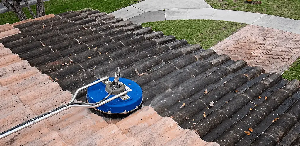 Roof pressure cleaning removing debris and buildup from roof tiles in Lincoln, NE
