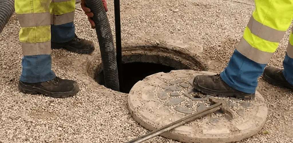Drain cleaning crew clearing a sewer access point with professional equipment in Lincoln, NE