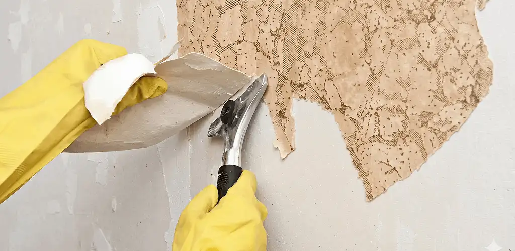 Wallpaper removal service stripping old wallpaper from a wall in Lincoln, NE