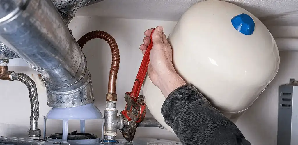 Water heater repair technician tightening plumbing connections near a tank unit in Lincoln, NE